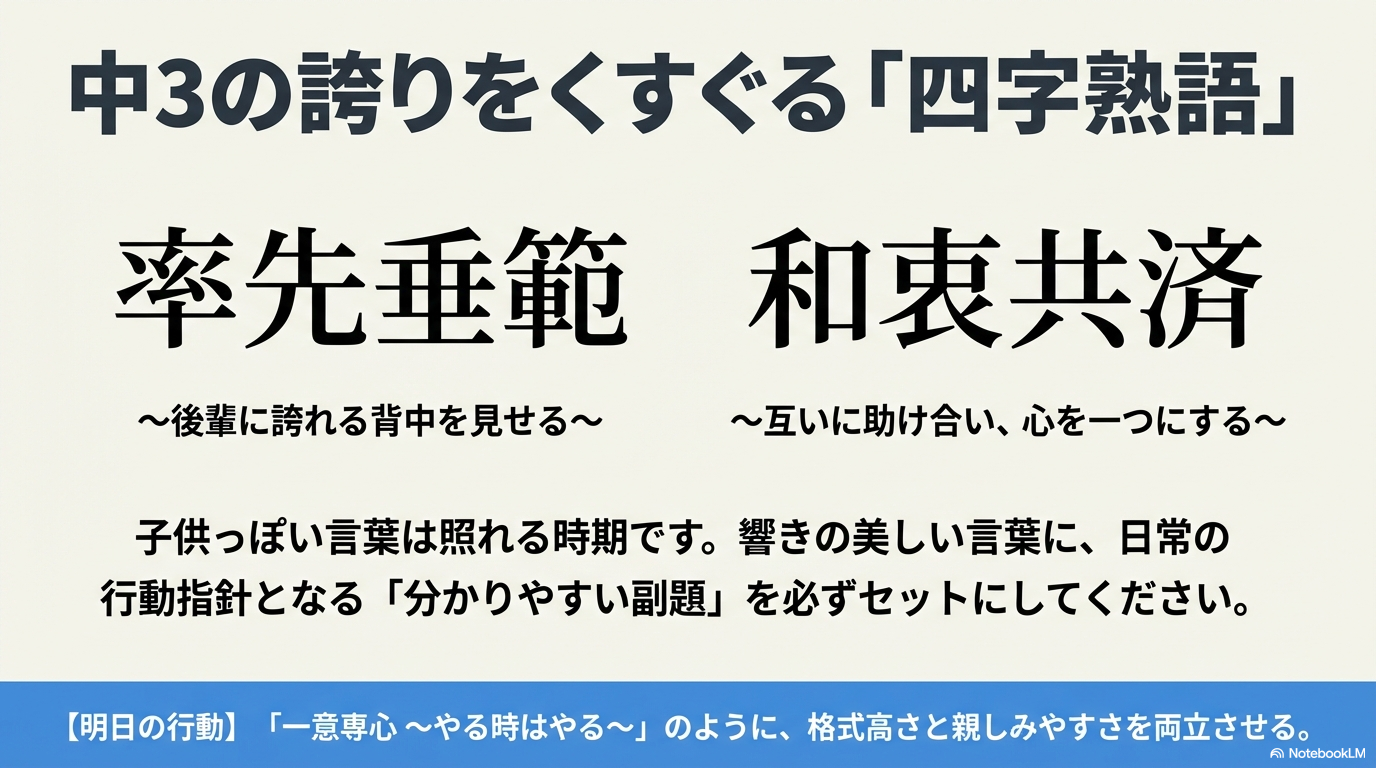 「率先垂範〜後輩に誇れる背中を見せる〜」「和衷共済〜互いに助け合い、心を一つにする〜」という具体例の紹介。