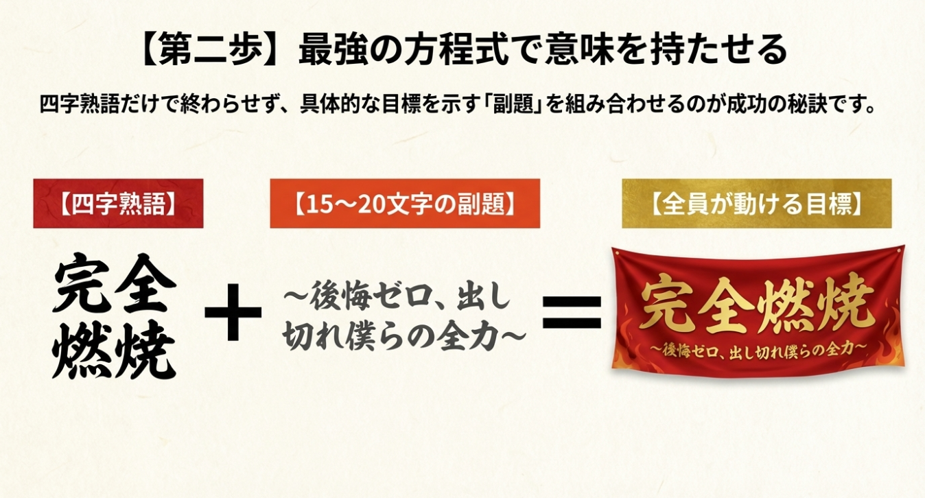 四字熟語と15〜20文字のサブタイトルを組み合わせる例として「完全燃焼 〜後悔ゼロ、出し切れ僕らの全力〜」が示されたスライド。