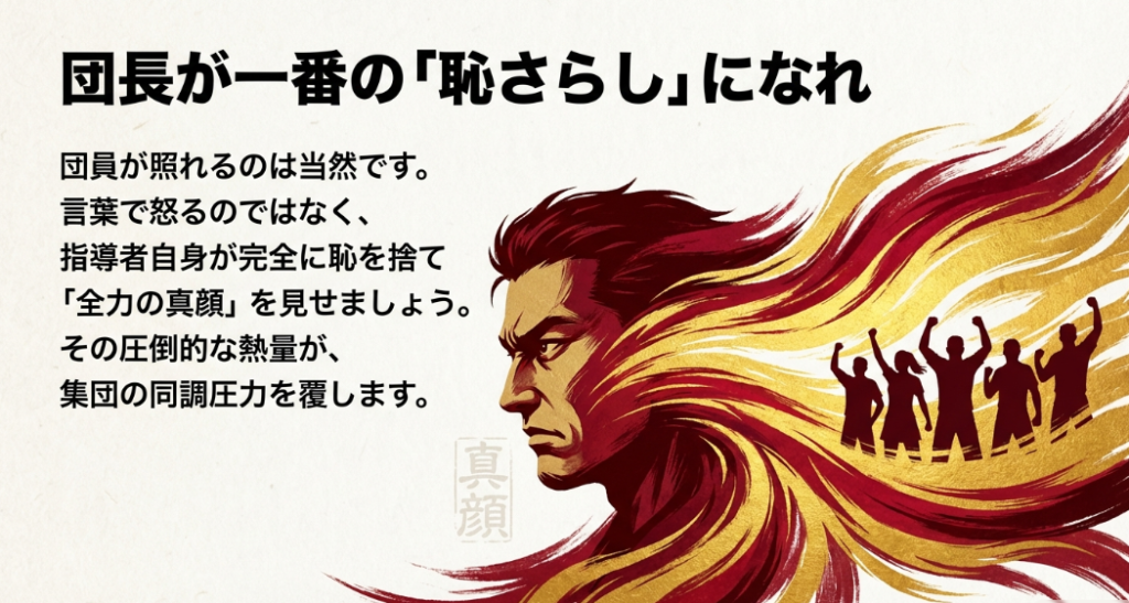 団長が真面目な顔で全力のリアクションを見せ同調圧力を覆す図解