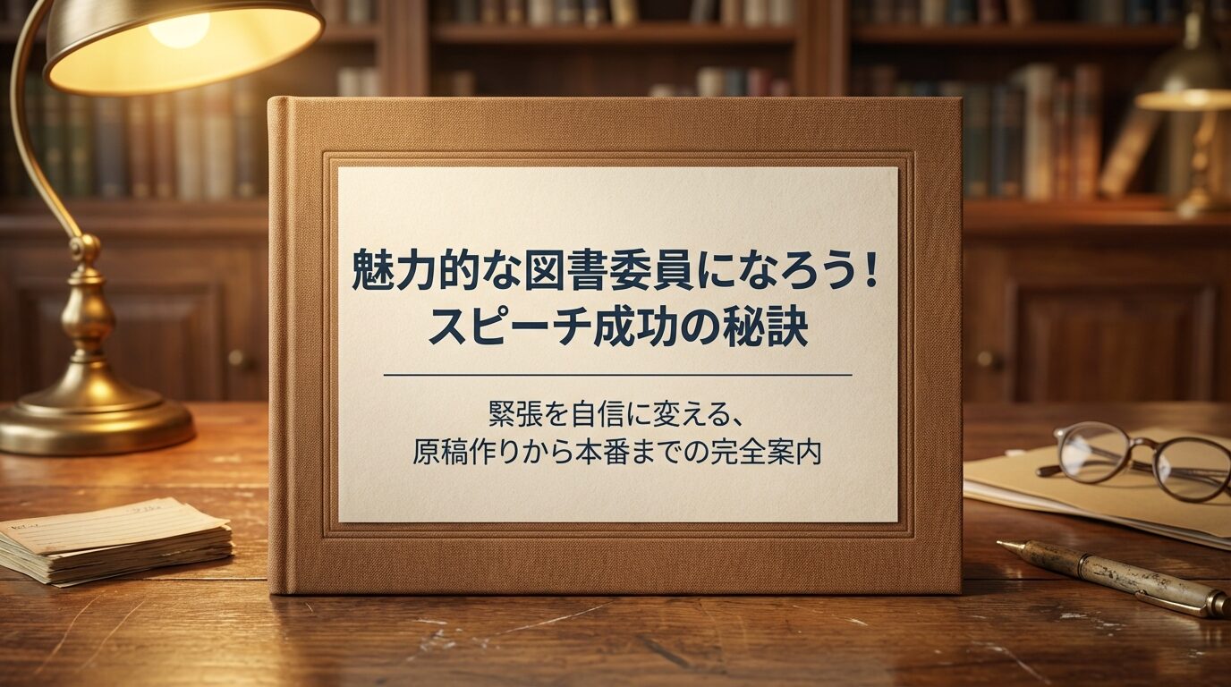 「魅力的な図書委員になろう！スピーチ成功の秘訣」というタイトルと、「緊張を自信に変える、原稿作りから本番までの完全案内」というサブタイトルが書かれた表紙スライド画像。