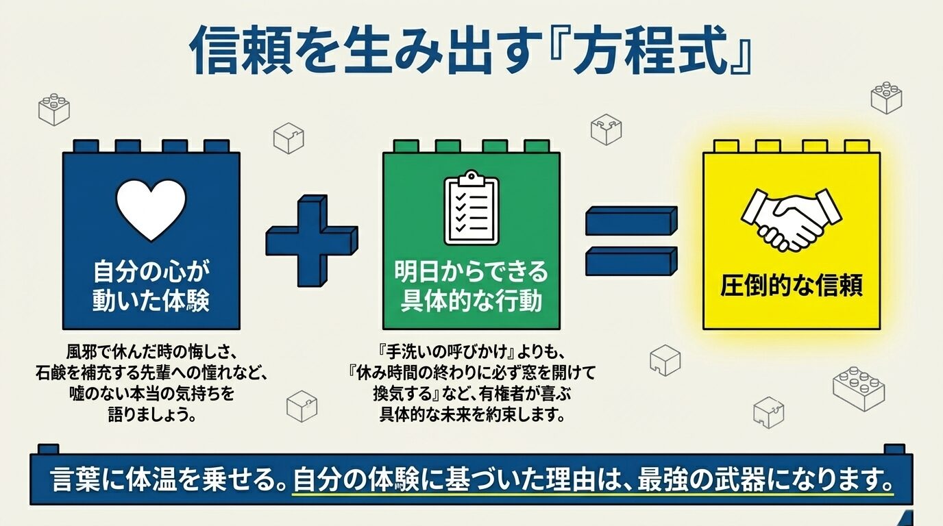 「自分の心が動いた体験」＋「明日からできる具体的な行動」＝「圧倒的な信頼」という方程式を示した図。
