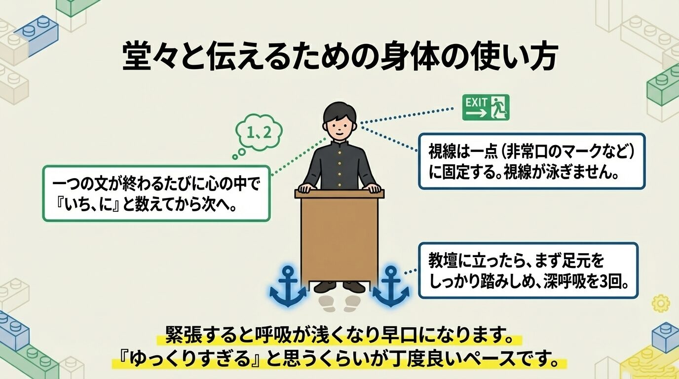 非常口マークを見る視線の固定、足を踏みしめる動作、文末で「1、2」と数える「間」の取り方を解説したイラスト。