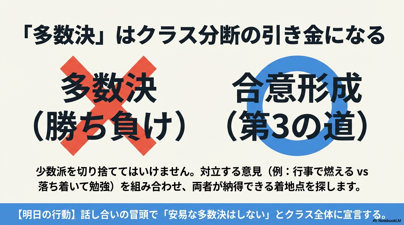 「多数決（勝ち負け）」に赤い×印、「合意形成（第3の道）」に青い二重丸が描かれた比較図。