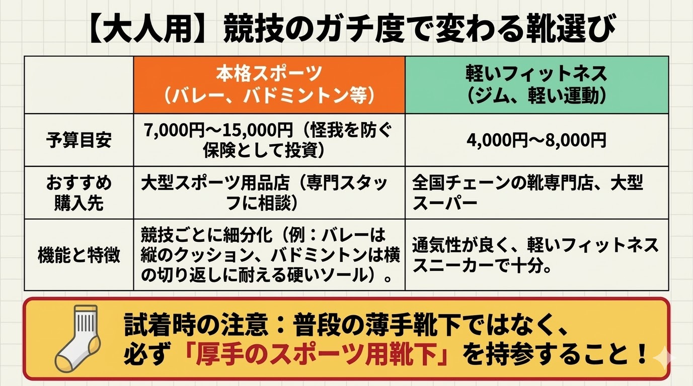 本格スポーツと軽いフィットネスにおける、予算目安、おすすめの購入先、機能的な特徴(クッション性や通気性など)をまとめた比較表。