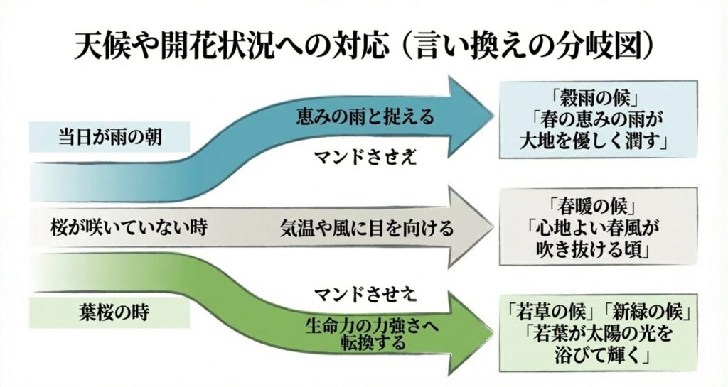 当日が雨の朝は恵みの雨と捉える、桜が咲いていない時は気温や風に目を向ける、葉桜の時は生命力の力強さへ転換するなど、状況に応じた季語の言い換え分岐図