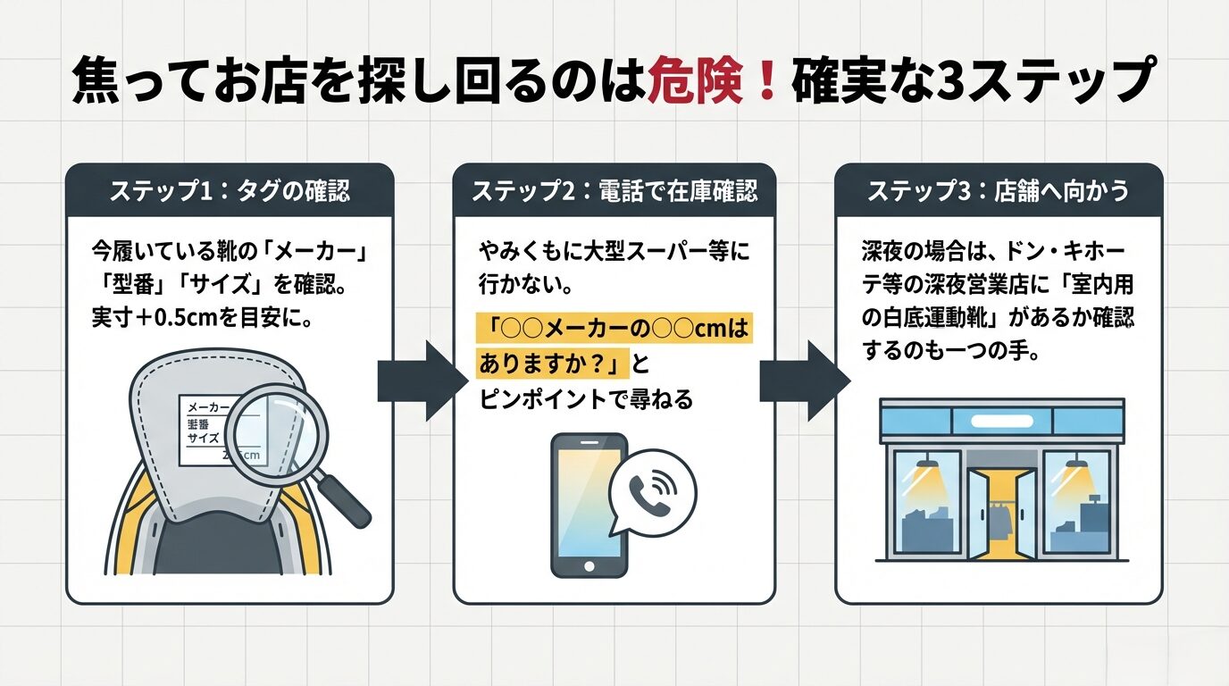 1.タグでメーカー・型番を確認、2.電話で在庫をピンポイントに問い合わせ、3.店舗へ向かう、という無駄足を防ぐための手順。