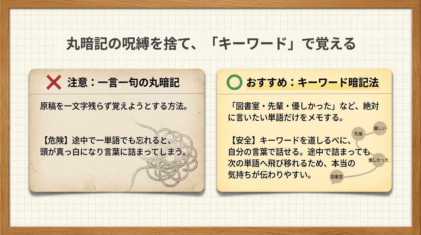 一言一句の丸暗記の危険性と、言いたい単語だけを道しるべにする「キーワード暗記法」のメリットを比較したスライド画像。