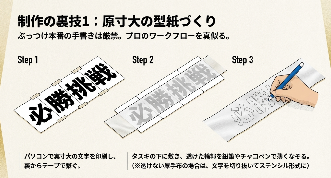 パソコンで印刷した文字をテープで繋ぎ、タスキの下に敷いてなぞる制作ステップのイラスト。