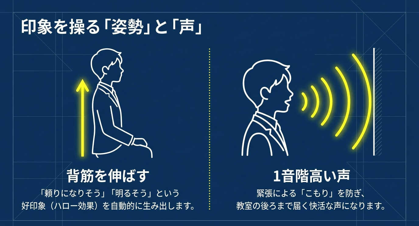 背筋をピンと伸ばした姿勢のイラストと、口から1音階高い声が広がっていくイメージのイラスト。「ハロー効果」と「快活な声」のメリットを説明する図。