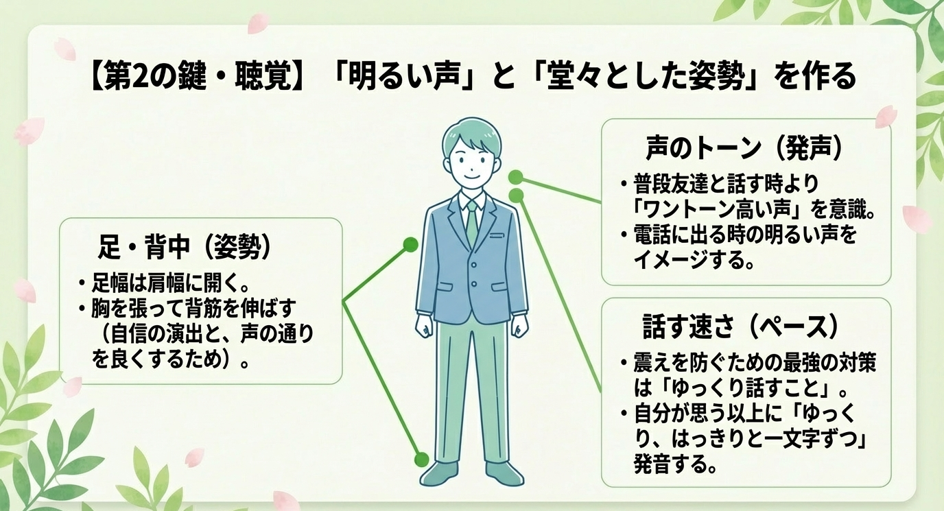 背筋を伸ばした正しい姿勢、普段よりワントーン高い明るい声、そして緊張を防ぐために「ゆっくり話す」ことの重要性を解説するスライド。