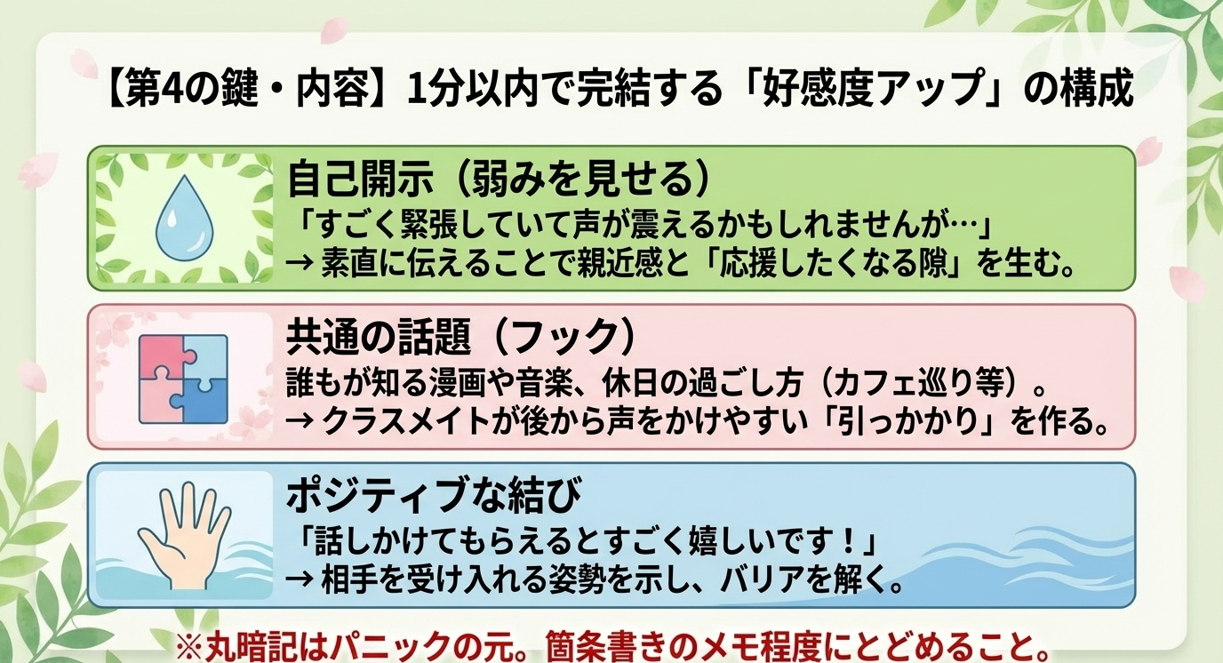 「自己開示（弱みを見せる）」「共通の話題（フック）」「ポジティブな結び」の3ステップ構成。丸暗記ではなく箇条書きのメモを推奨。