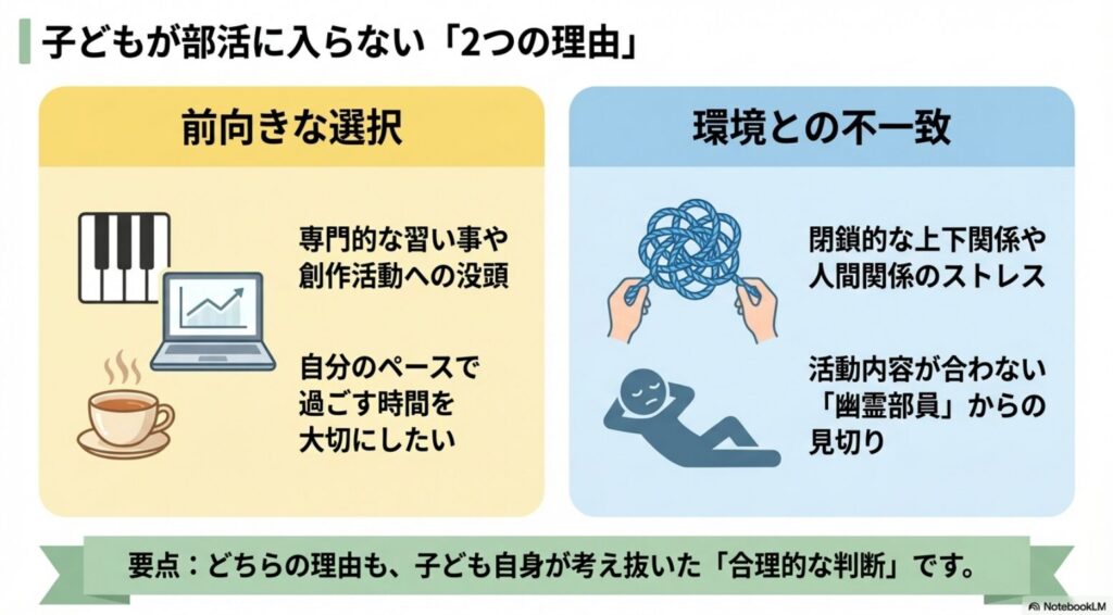 子どもが部活に入らない前向きな選択と環境との不一致という2つの理由