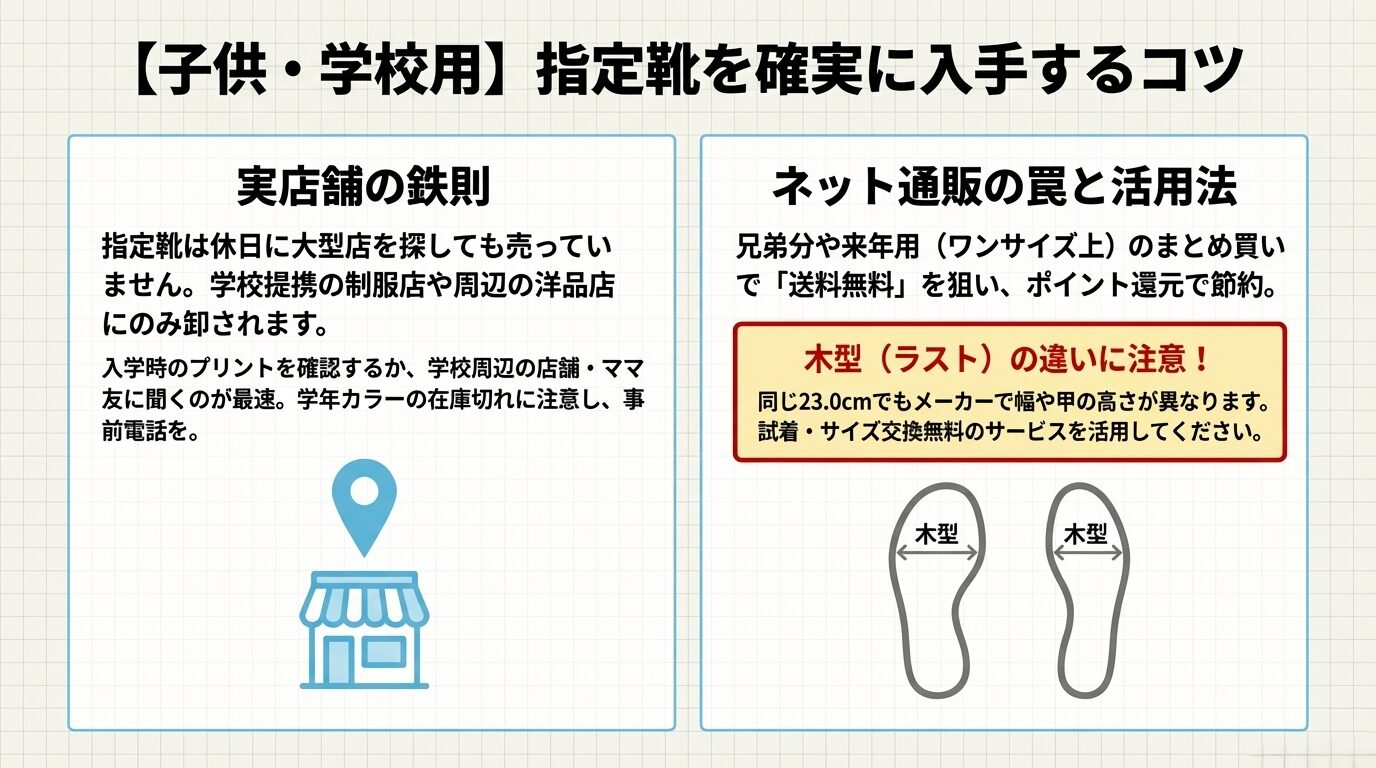 指定靴は大型店ではなく地域の制服店にあること、ネット購入時はメーカーごとの「木型(ラスト)」の違いに注意が必要であることを示す解説図。