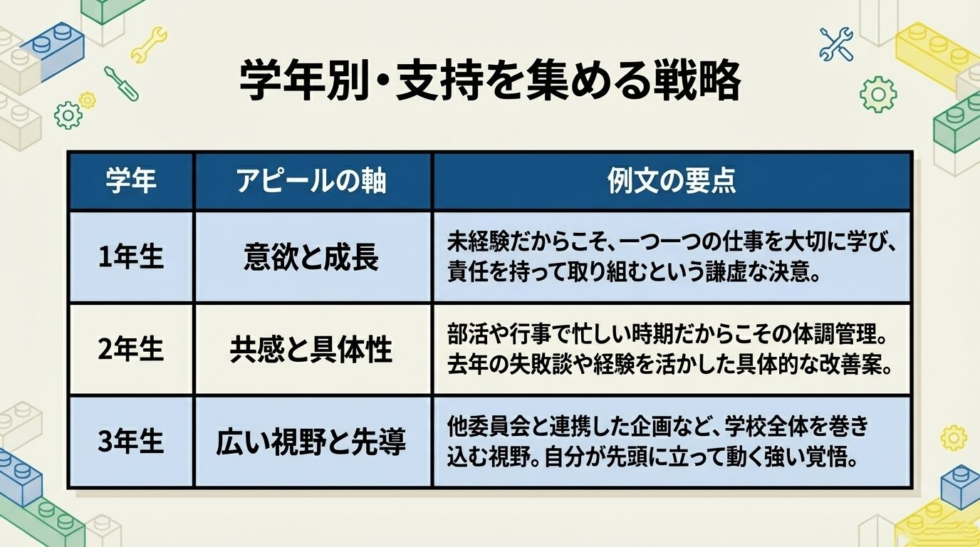 1年生（意欲と成長）、2年生（共感と具体性）、3年生（広い視野と先導）と、学年ごとに強調すべき軸と例文の要点をまとめた表。