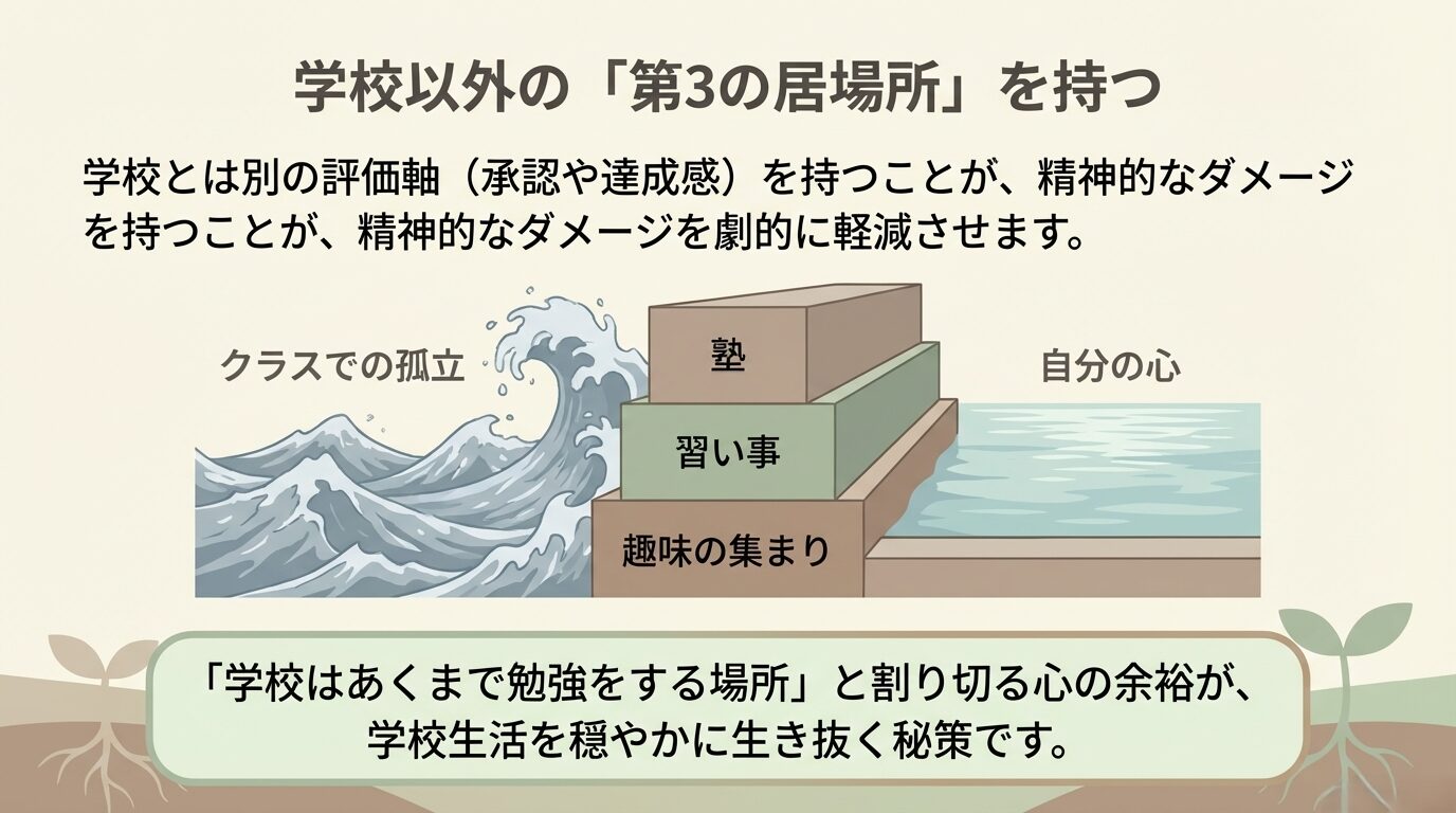 学校での孤立に対し、塾、習い事、趣味の集まりなどの別軸を持つことで、精神的ダメージを軽減し穏やかに生き抜く秘策