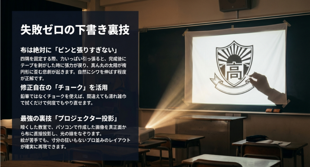 失敗ゼロの下書き裏技。布を張りすぎない注意点、チョークの活用、プロジェクター投影の解説スライド