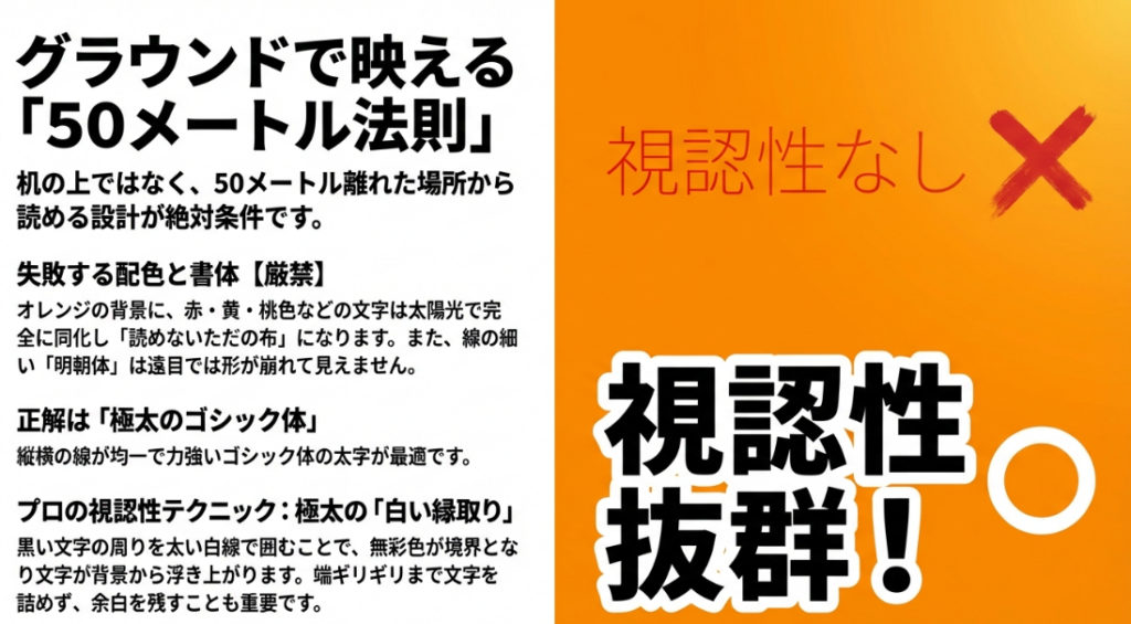グラウンドで映える50メートル法則。失敗する配色と明朝体の注意点、極太のゴシック体と白い縁取りの正解例スライド