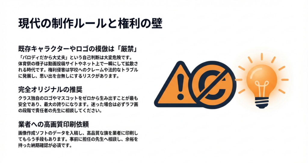 現代の制作ルールと権利の壁。既存キャラクターやロゴの模倣厳禁と完全オリジナルの推奨に関する解説スライド