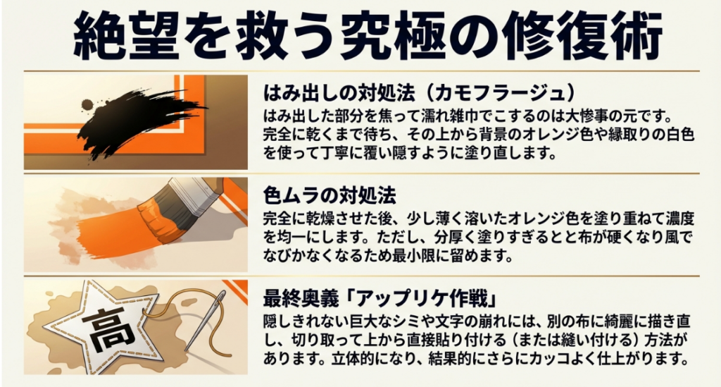 絶望を救う究極の修復術。はみ出しの対処法、色ムラの対処法、最終奥義であるアップリケ作戦の解説スライド