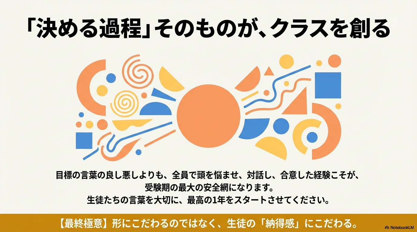 オレンジや青の幾何学模様が並ぶ抽象的な背景。中央に「決める過程そのものが、クラスを創る」というメッセージ。