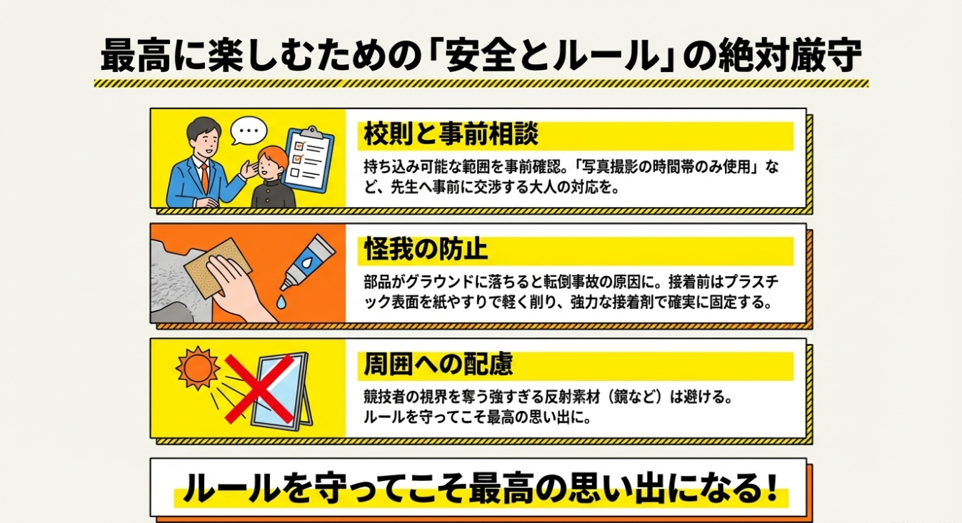 校則相談、強力接着による怪我防止、反射素材の制限を説明する注意喚起スライド。