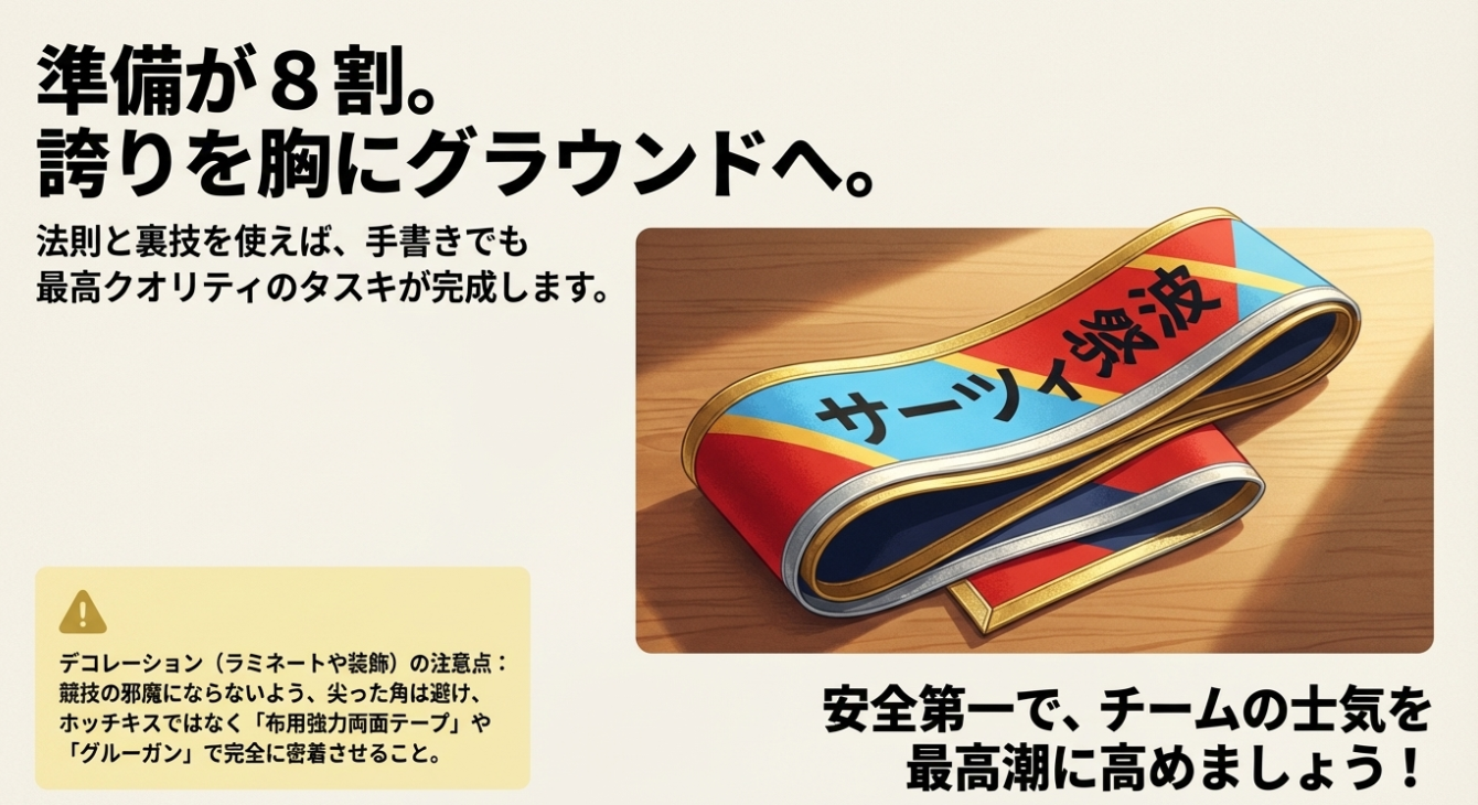 装飾時の注意点。尖った角を避け、ホッチキスではなく布用両面テープやグルーガンで密着させる安全対策。