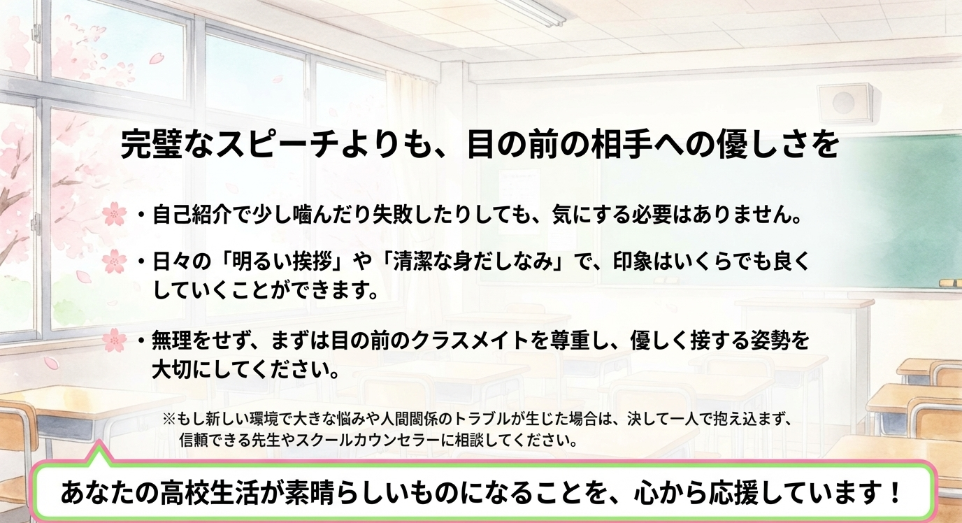 失敗を気にせず日々の挨拶や清潔感を大切にすることを促すメッセージ。困った時の相談先（先生やカウンセラー）についての案内も含む。