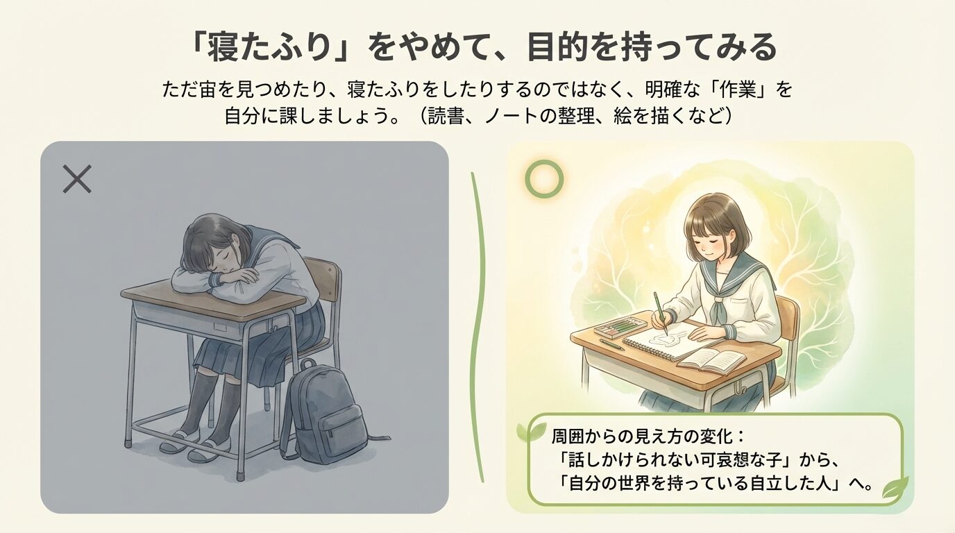 寝たふりをやめて読書や整理などの「作業」を自分に課すことで、周囲からの見え方が「自立した人」に変わるという解説