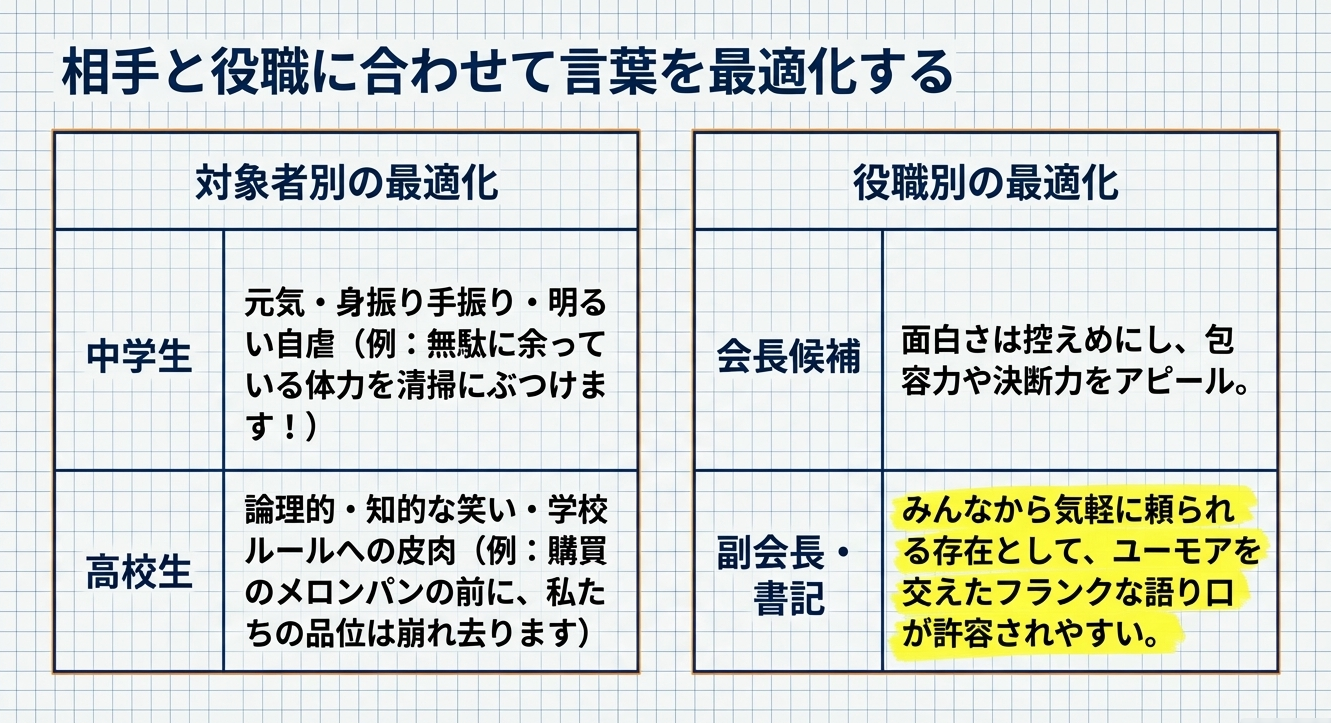 中学生（元気な自虐）と高校生（知的な皮肉）の笑いの違いと、会長候補（面白さ控えめ）と副会長・書記候補（フランクな語り口）の役職別のトーンの違いをまとめた比較表 。