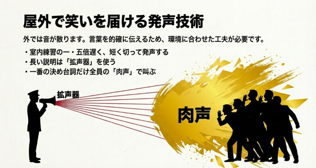 屋外で言葉を的確に伝えるための発声技術と拡声器・肉声の使い分けの図解