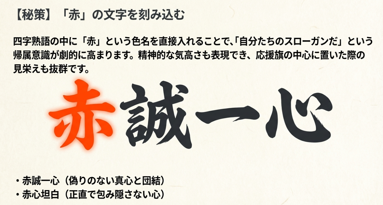 「赤誠一心」という文字が大きく書かれ、「赤」という色名を直接入れることで帰属意識を高めるメリットを解説したスライド。