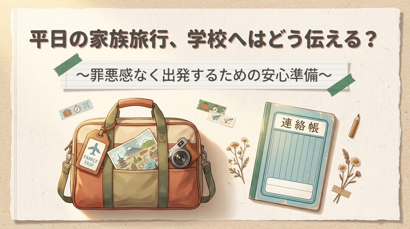 平日の家族旅行に向けて、学校へ罪悪感なく連絡するための安心準備ガイド。連絡帳と家族旅行のイメージ。