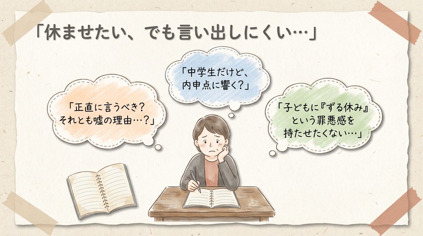 「正直に言うべき?」「中学生だけど内申点に響く?」「ずる休みという罪悪感を持たせたくない」といった保護者の不安のまとめ。
