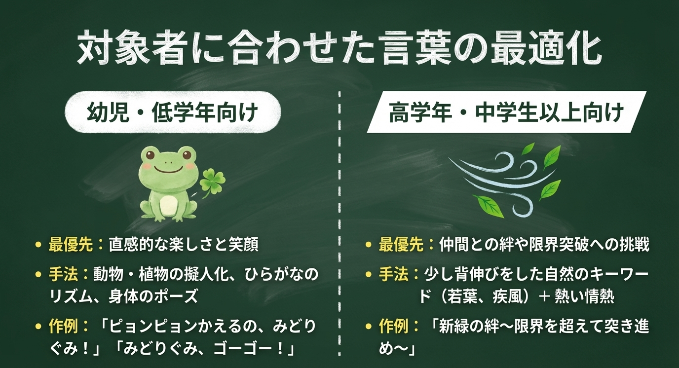 幼児・低学年向けの動物・リズム重視案と、高学年・中学生向けの絆・限界突破をテーマにした案の比較