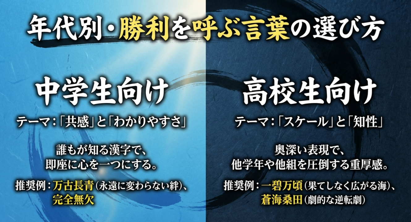 中学生向けには「共感・わかりやすさ」、高校生向けには「スケール・知性」をテーマにした言葉選びの推奨例を紹介するスライド。