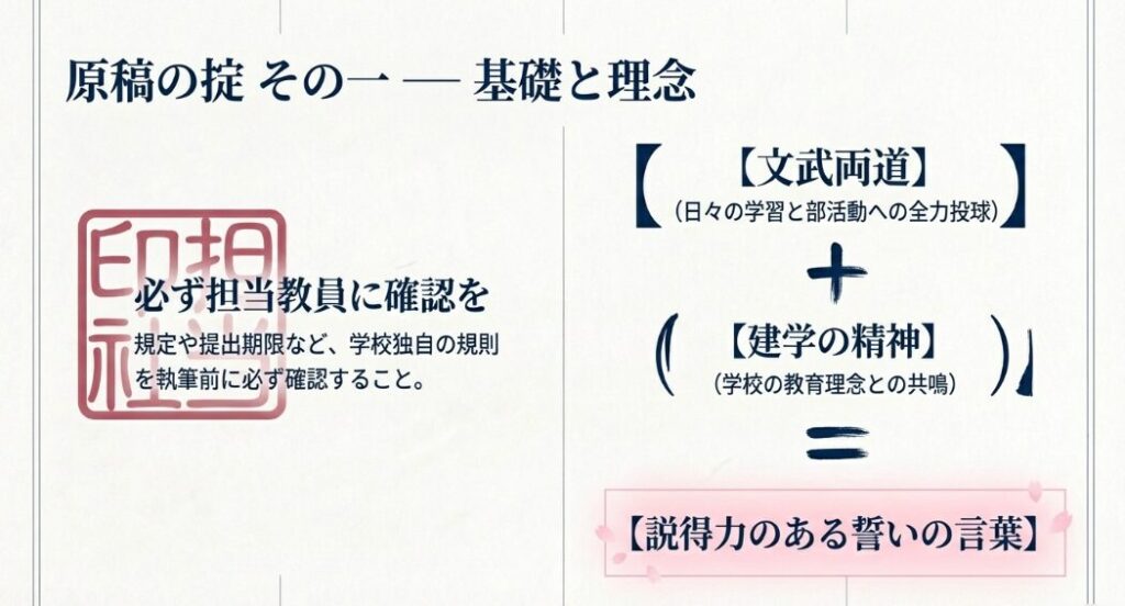 説得力のある誓いの言葉を作る公式（文武両道＋建学の精神）