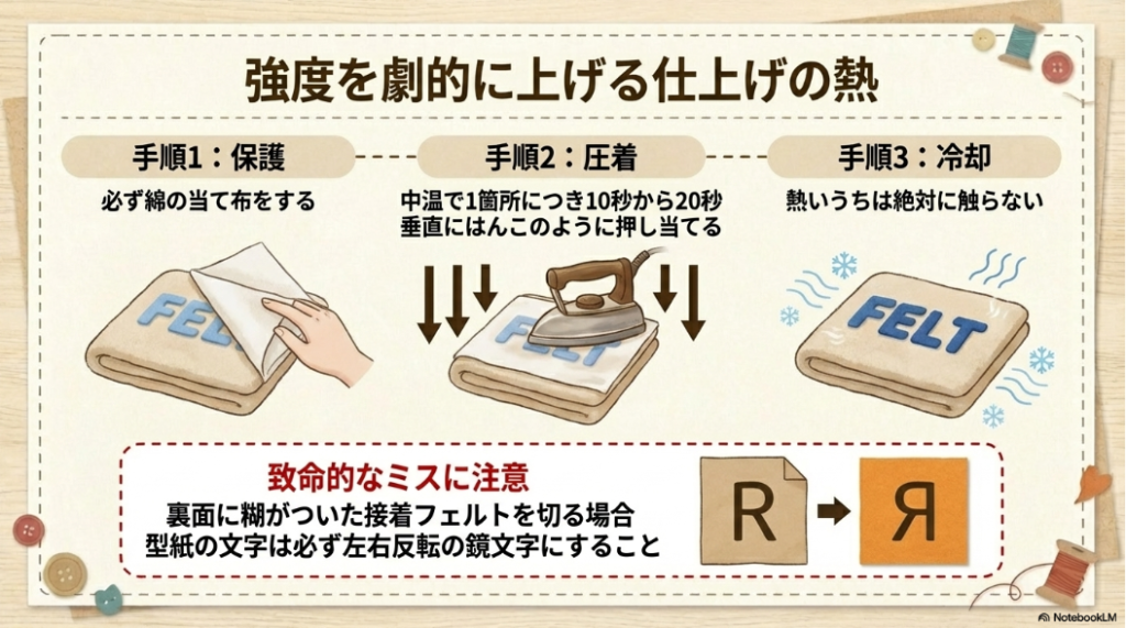 当て布をしてアイロンで圧着し、熱が冷めるまで待つ正しい接着手順と鏡文字の注意点