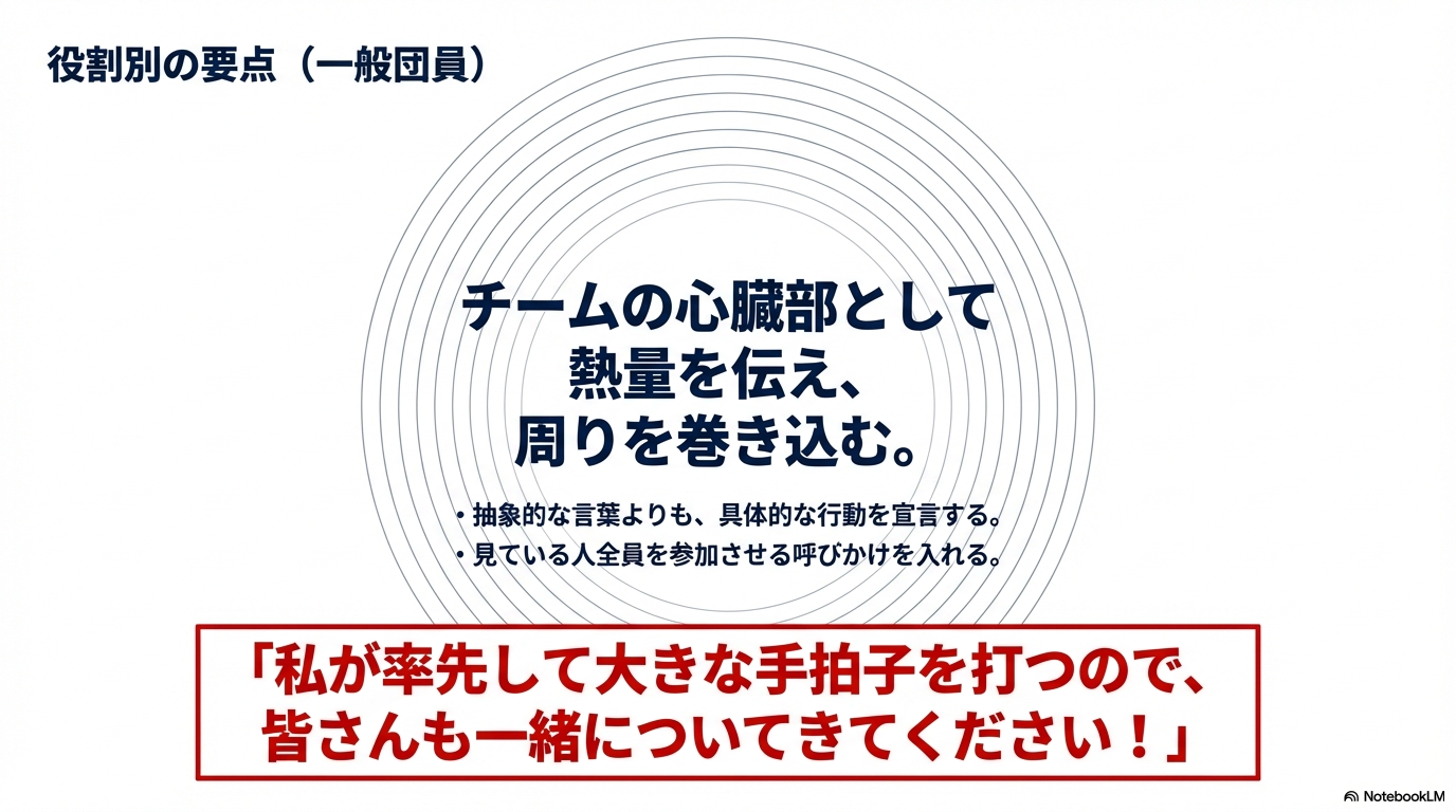 チームの心臓部として熱量を伝え、具体的な行動宣言と周囲への呼びかけで周りを巻き込むポイントを解説するスライド。