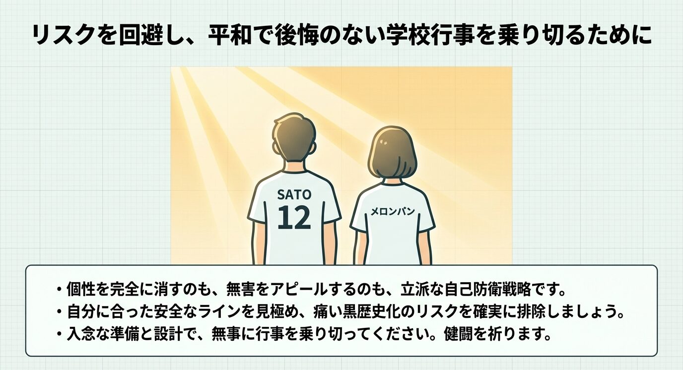 ローマ字や食べ物の背ネームを着た生徒の背中のイラストと共に、自分に合った安全なラインを見極め、行事を無事に乗り切ることを応援するまとめ。