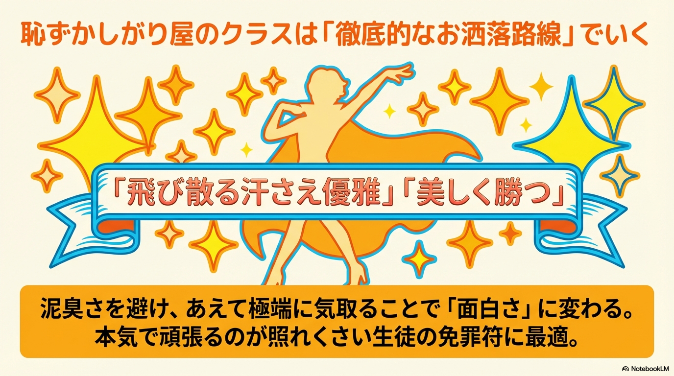 マントを羽織ってポーズを決める人物のシルエットとキラキラした星のイラスト。「飛び散る汗さえ優雅」「美しく勝つ」など、あえて極端に気取ることで照れくささを回避する手法の紹介。