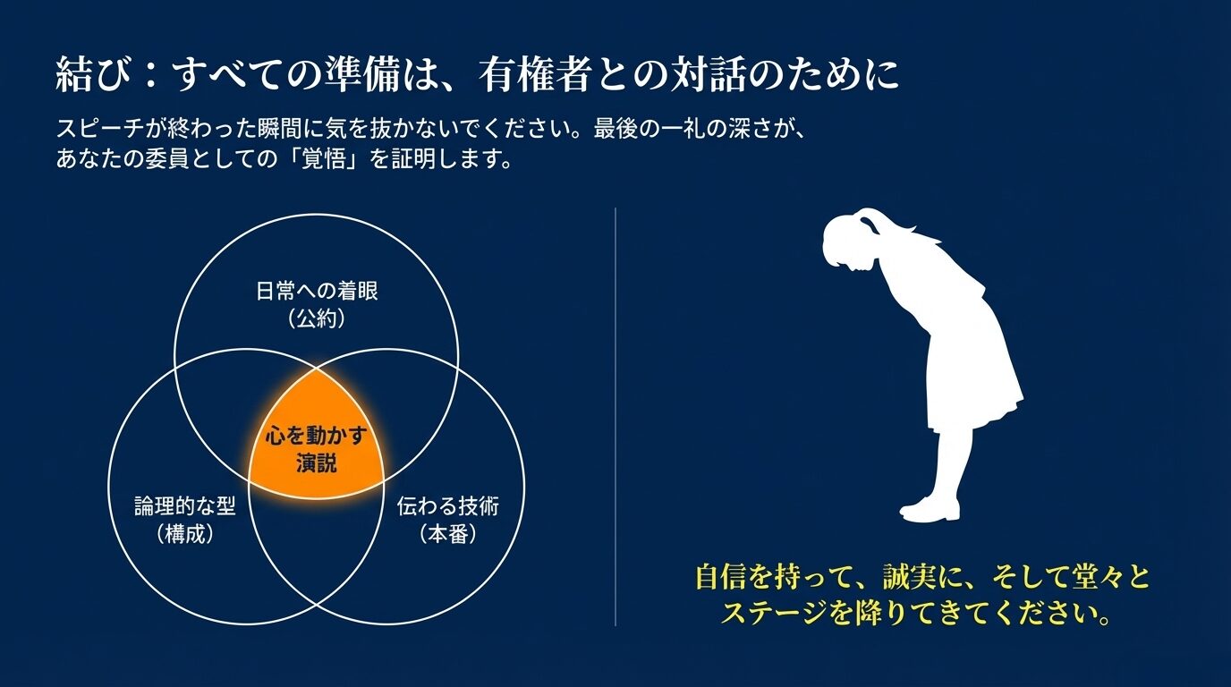 「日常への着眼(公約)」「論理的な型(構成)」「伝わる技術(本番)」の3つの要素が重なり「心を動かす演説」となることを示す図と、深く一礼する生徒のシルエット。