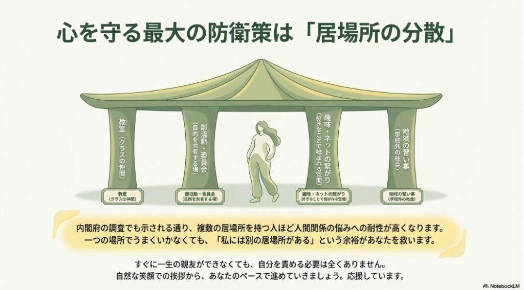 教室だけでなく部活動、趣味の繋がり、習い事など複数の居場所を持つことの重要性を示す図