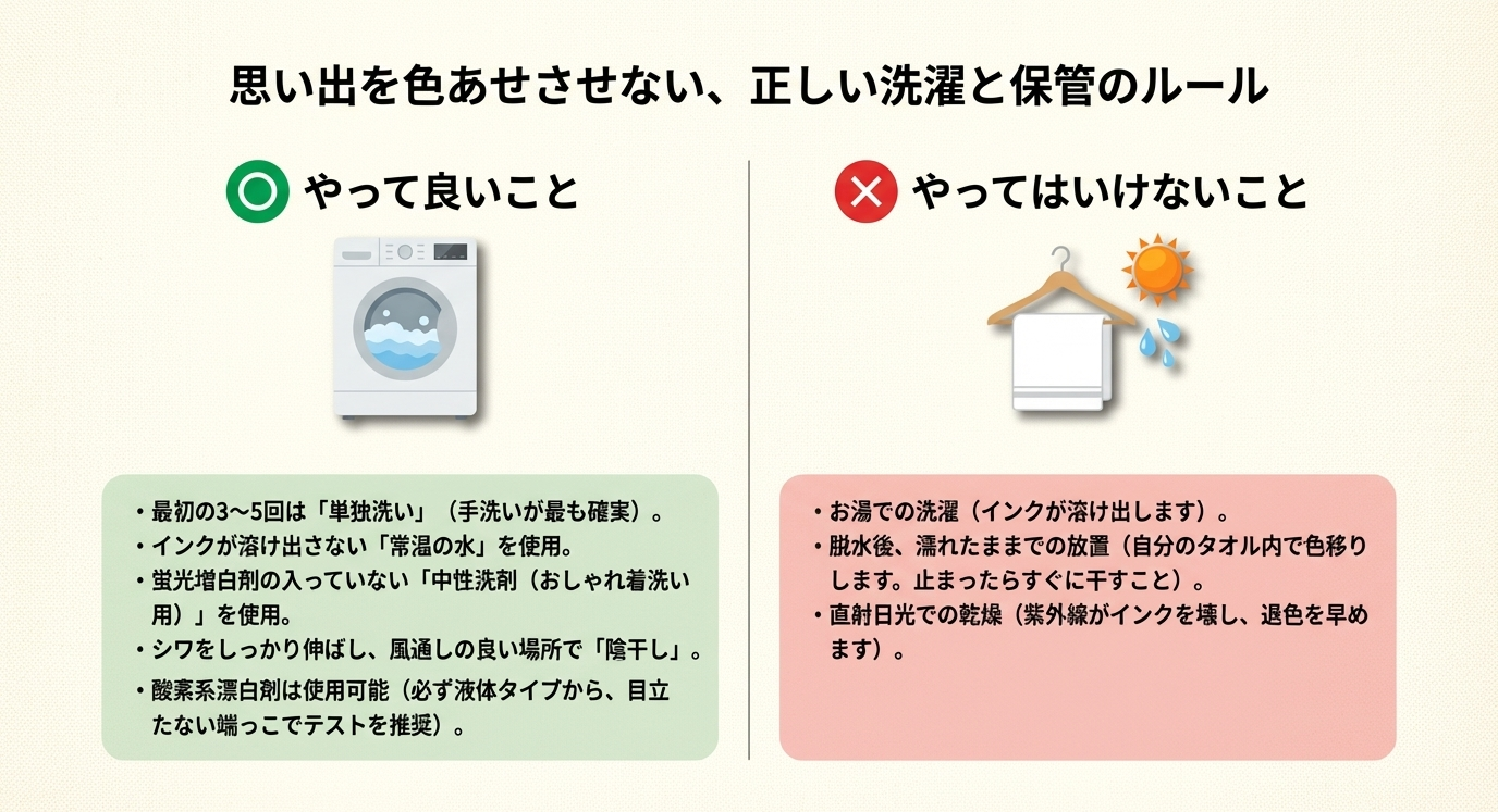 単独洗い、常温水、陰干し等の「やって良いこと」と、お湯、濡れたまま放置、直射日光等の「やってはいけないこと」のリスト。