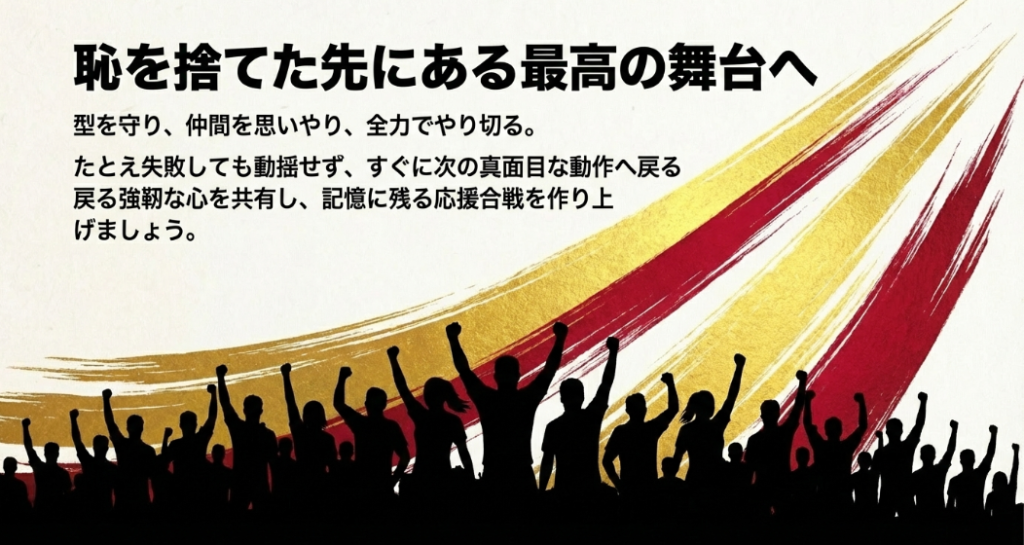 失敗しても動揺せず真面目な動作へ戻る強靭な心を共有するまとめスライド