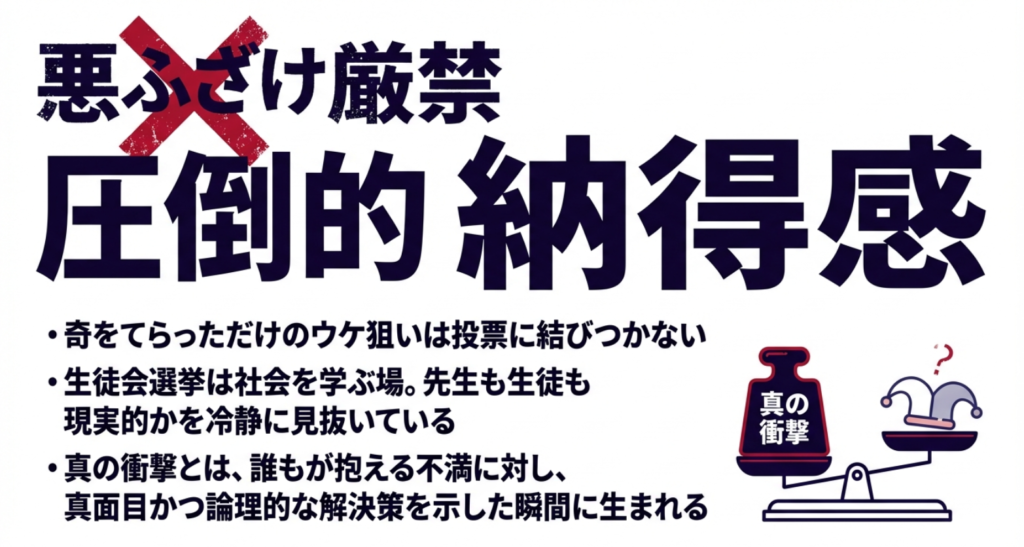 ウケ狙いの悪ふざけではなく、真面目かつ論理的な解決策による「真の衝撃」と「圧倒的納得感」の重要性を示すスライド