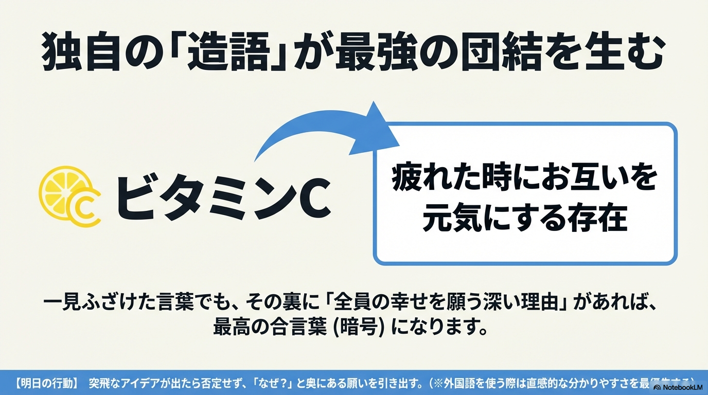 「ビタミンC」という言葉と、「疲れた時にお互いを元気にする存在」という解説のイラスト。