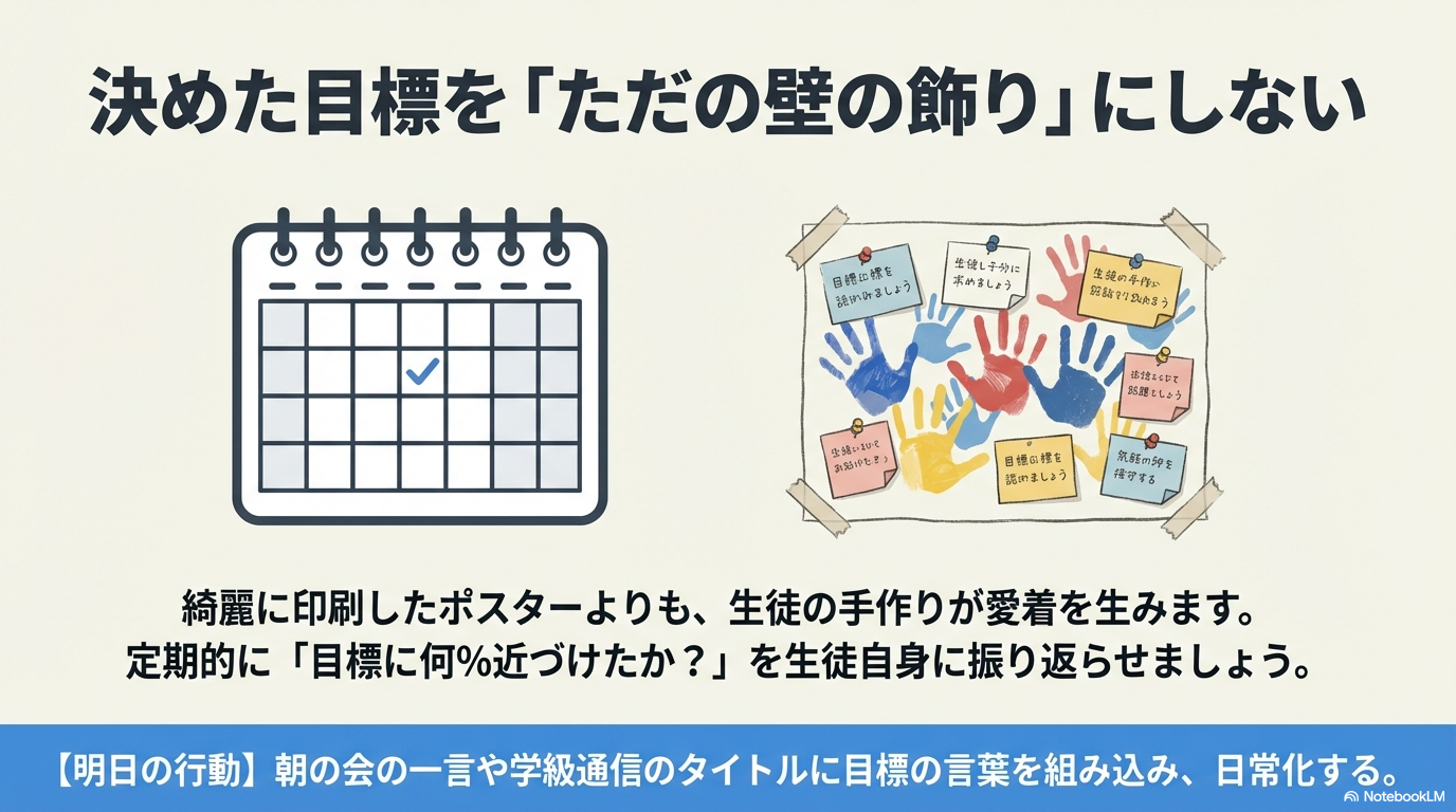 カレンダーのイラストと、生徒たちの手形や付箋が貼られた手作りの学級目標ポスターのイメージ図。