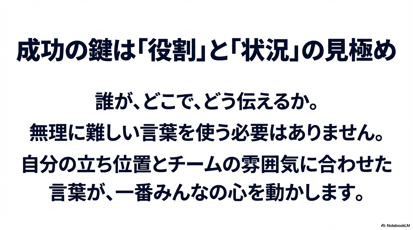言葉選びの基本として、誰が、どこで、どう伝えるかという自分の立ち位置とチームの雰囲気に合わせることの重要性を説明するスライド。