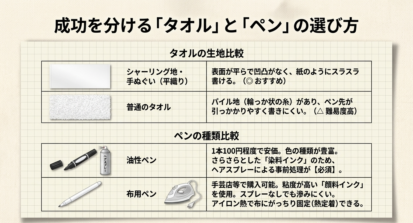 シャーリング地(◎推奨)とパイル地(△)の書きやすさ比較、および油性ペンと布用ペンの特徴をまとめた表。