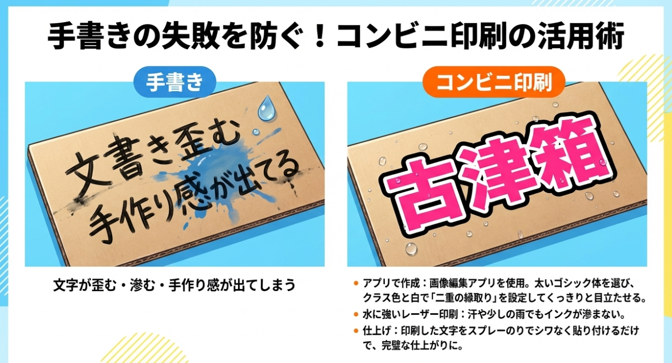 手書きの滲みや歪みと、コンビニ印刷のくっきりとした縁取り文字のクオリティの差を示す比較図。